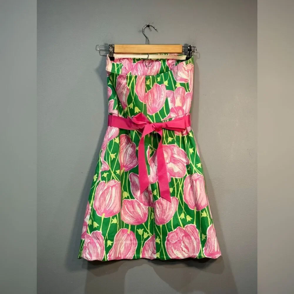 Green/Pink Lilly Pulitzer Vintage Strapless Tulip Print Dress Size 0 EUC - Picture 6 of 8